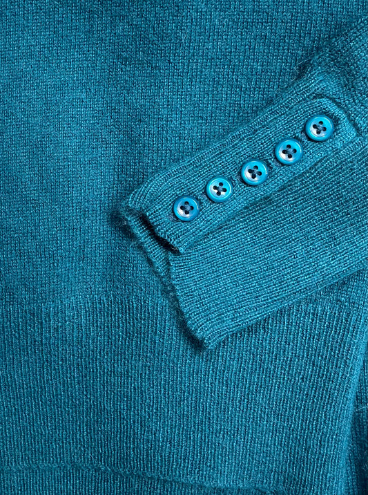 Hand Knitted Teal Color Ladies Sweater - 100% Cashmere